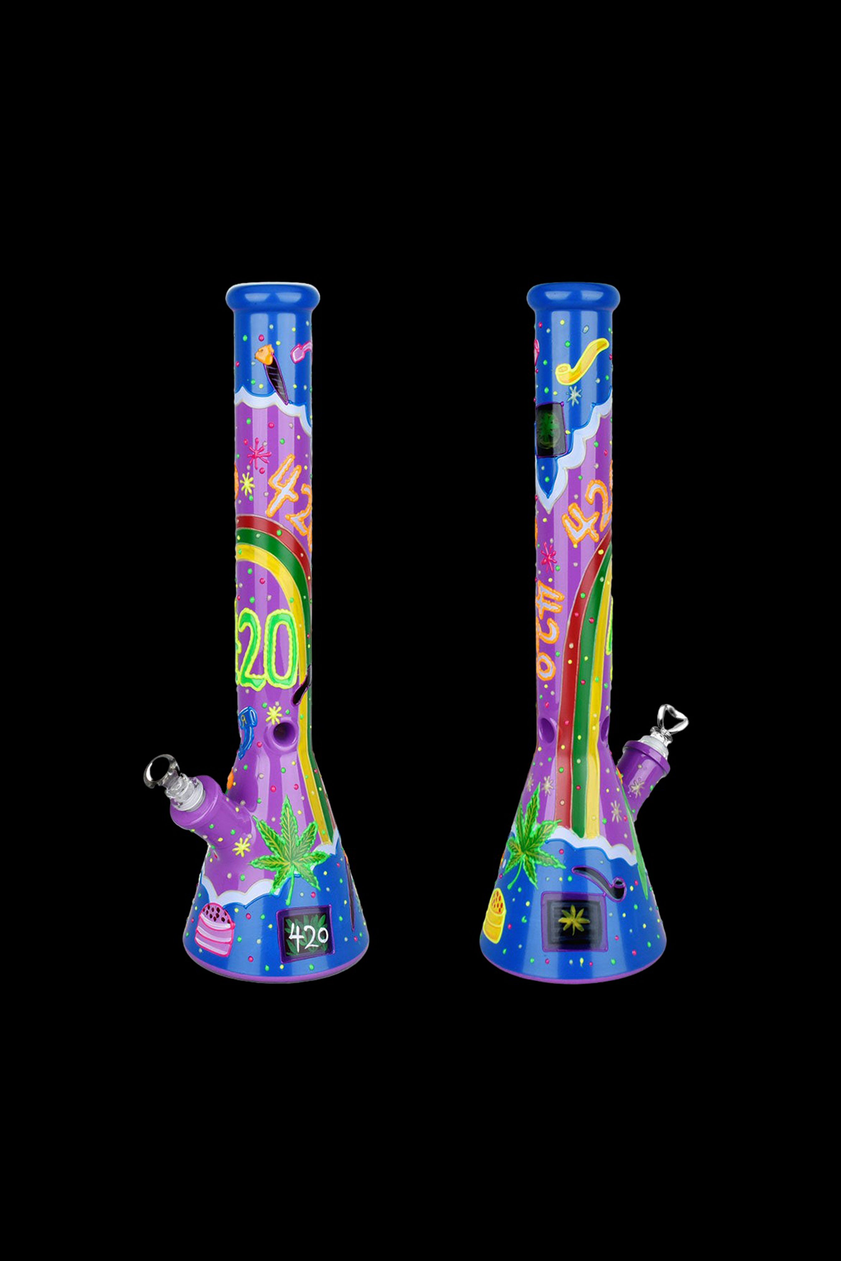 Beach Vibes 420 Glowing Painted Glass Beaker Water Pipe - An Irresistible Smoking Companion