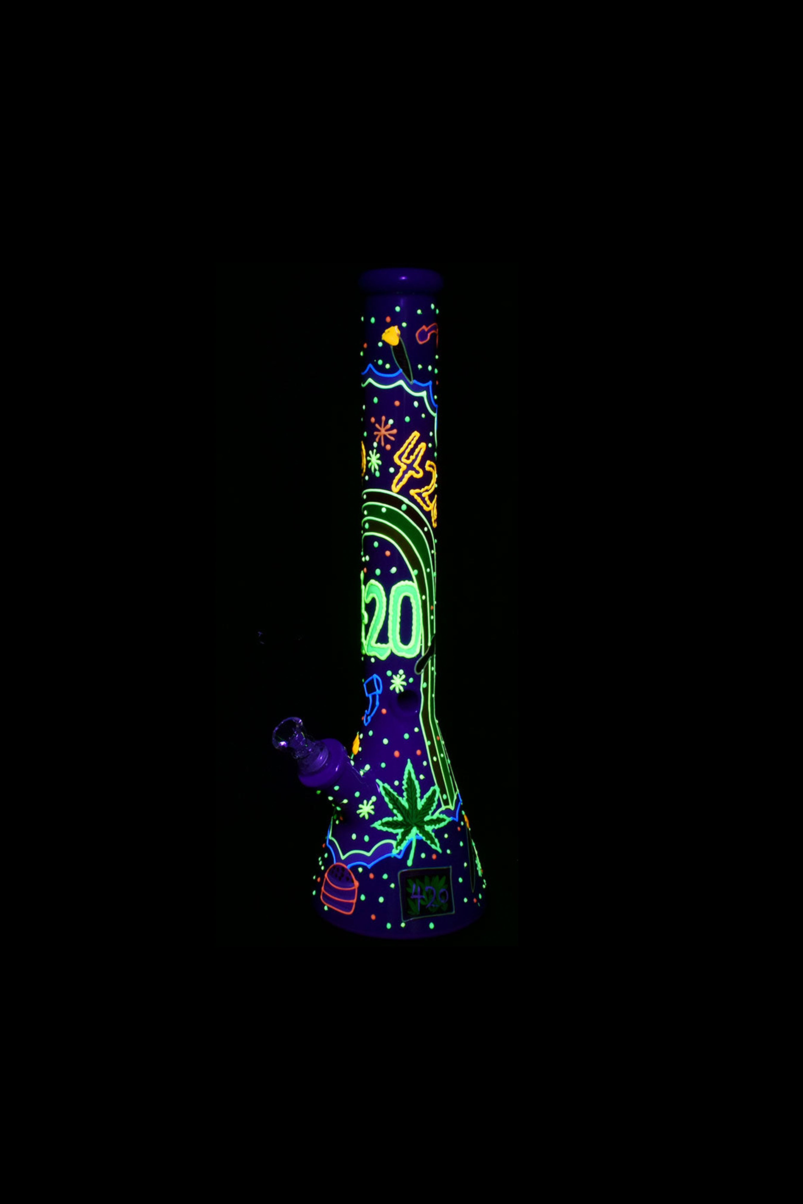 Beach Vibes 420 Glowing Painted Glass Beaker Water Pipe - An Irresistible Smoking Companion