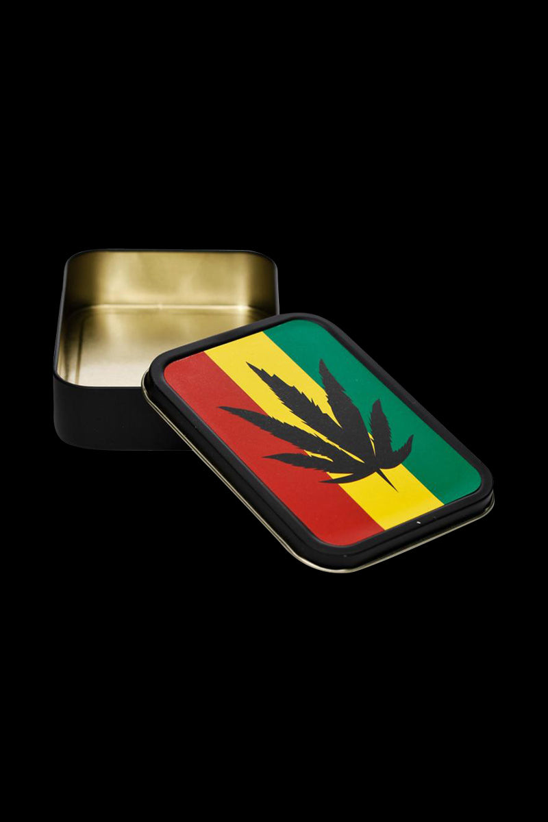 Stunning Metal Stash Tin with Rasta Colors and Black Leaf Design