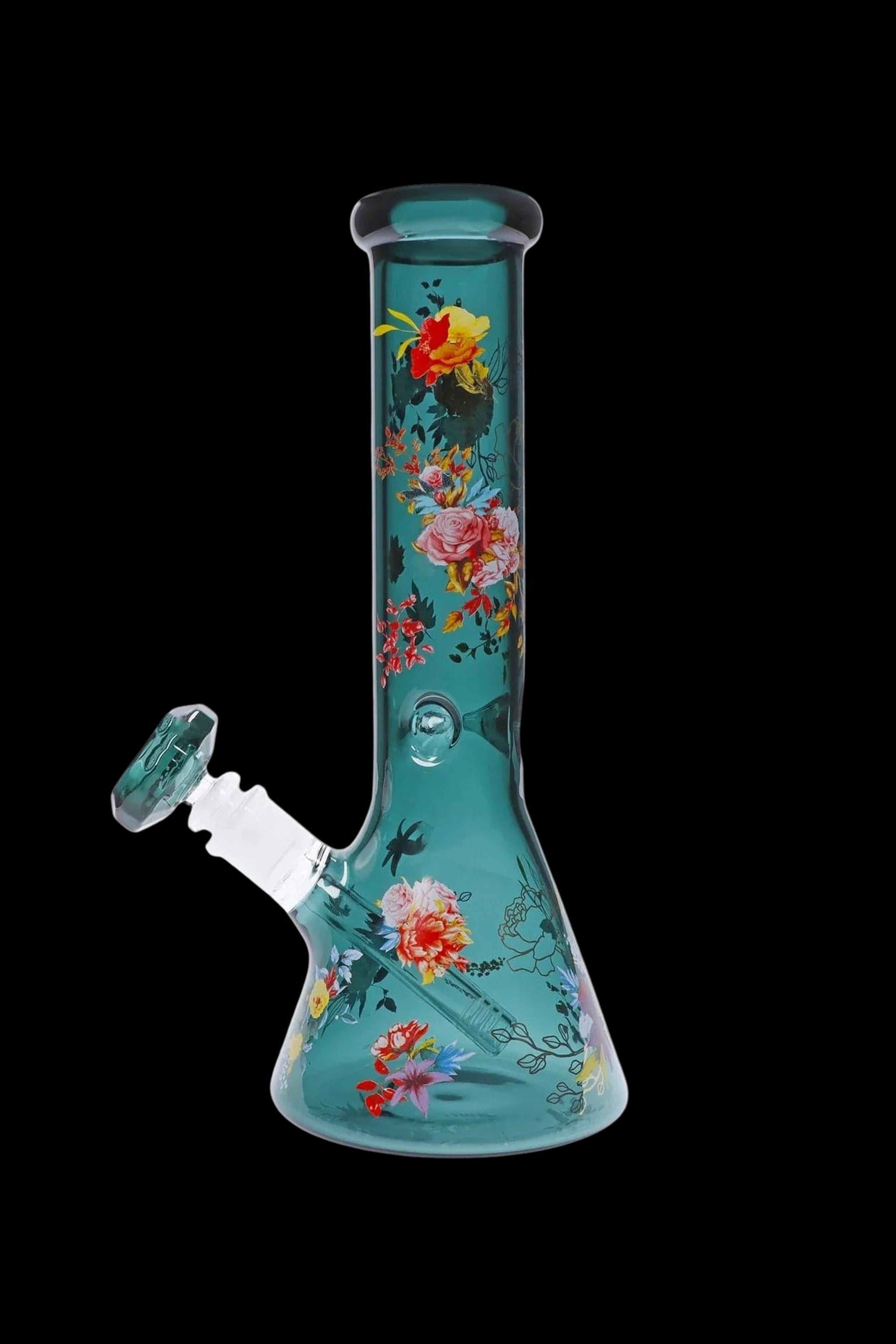 Stunning Floral Lush Beaker Water Pipe in Mesmerizing Teal
