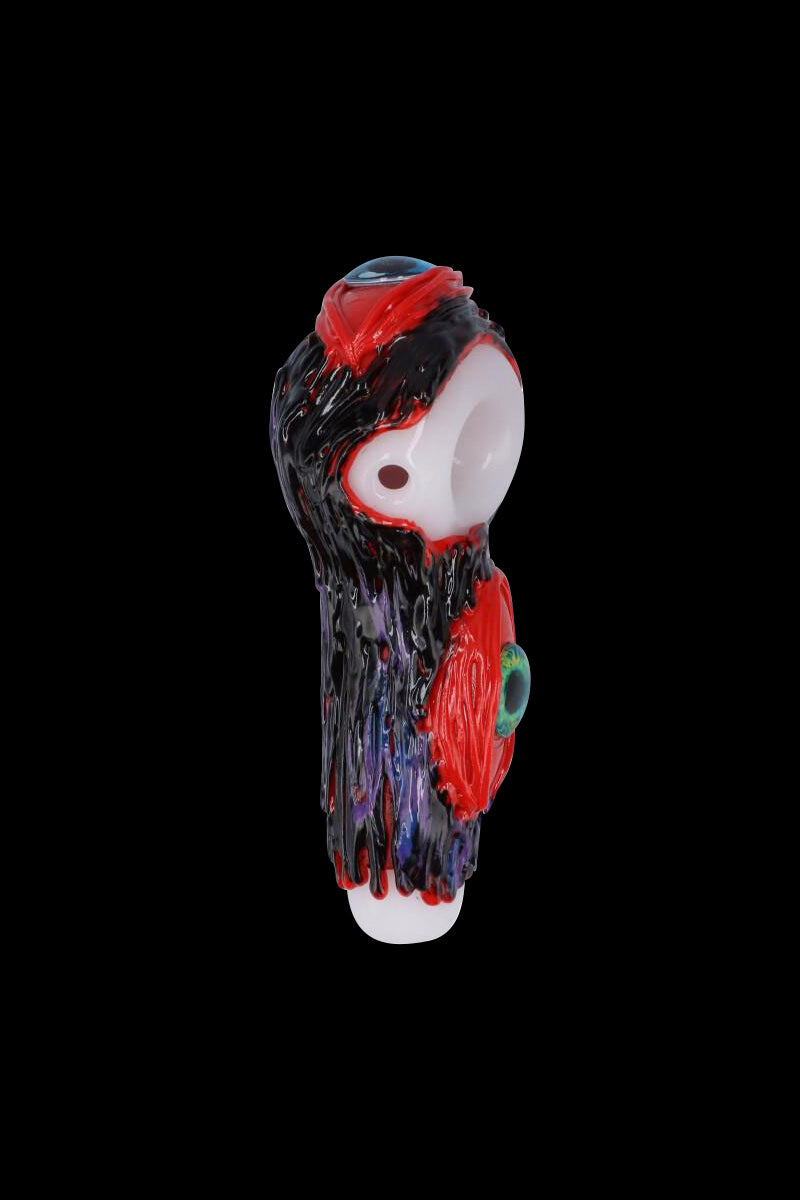 Creepy Black Glass Spoon Pipe with Fiery Red Eyes and White Bowl