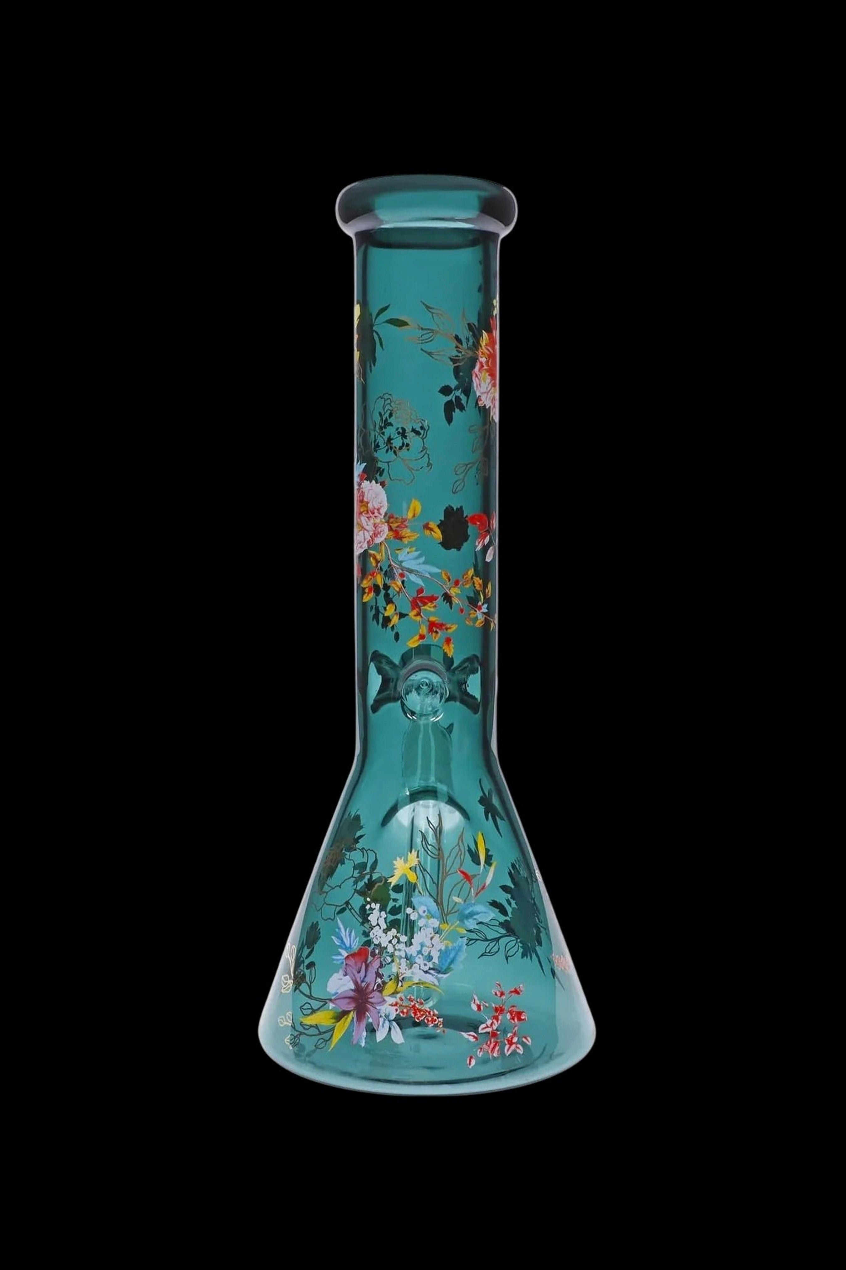Stunning Floral Lush Beaker Water Pipe in Mesmerizing Teal