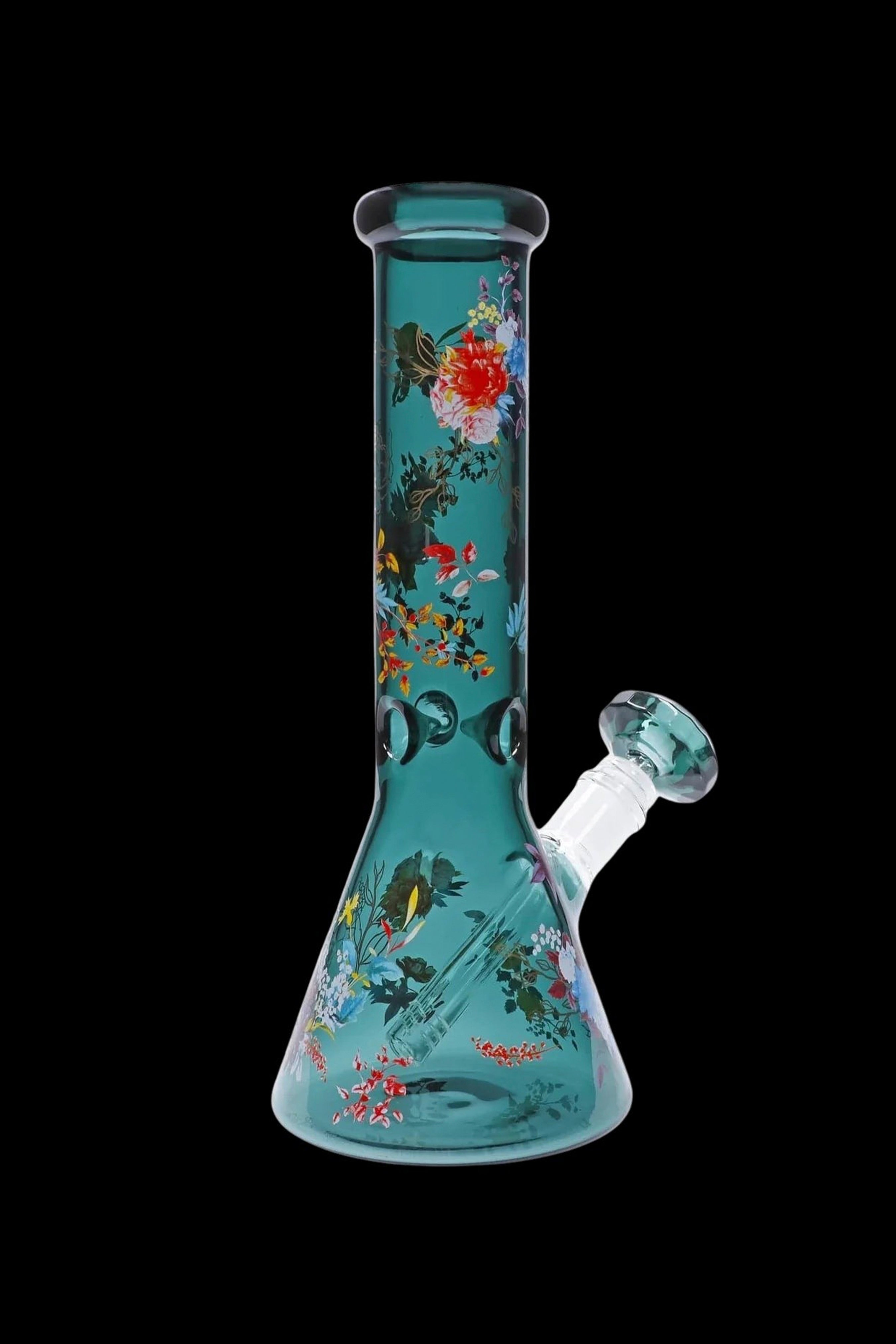 Stunning Floral Lush Beaker Water Pipe in Mesmerizing Teal