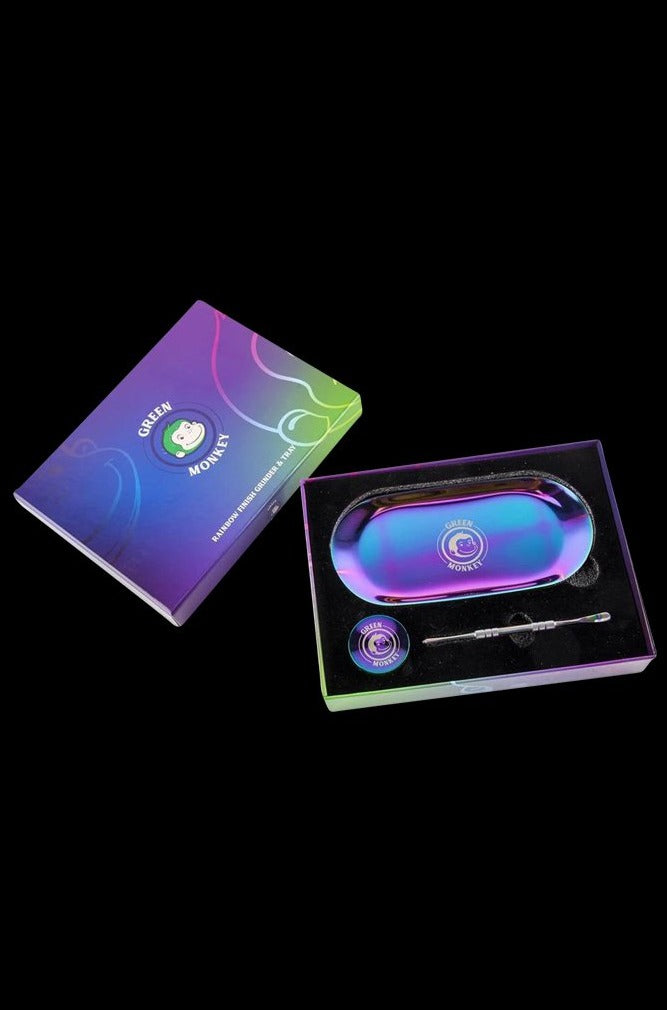 Green Monkey Rainbow Finish Rolling Tray & Grinder Kit - An Awesome Smoking Essential