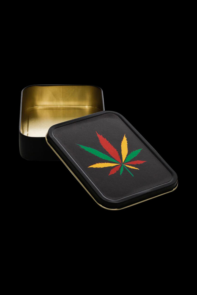 Rasta-Inspired Metal Stash Tin with Colored Leaf Design