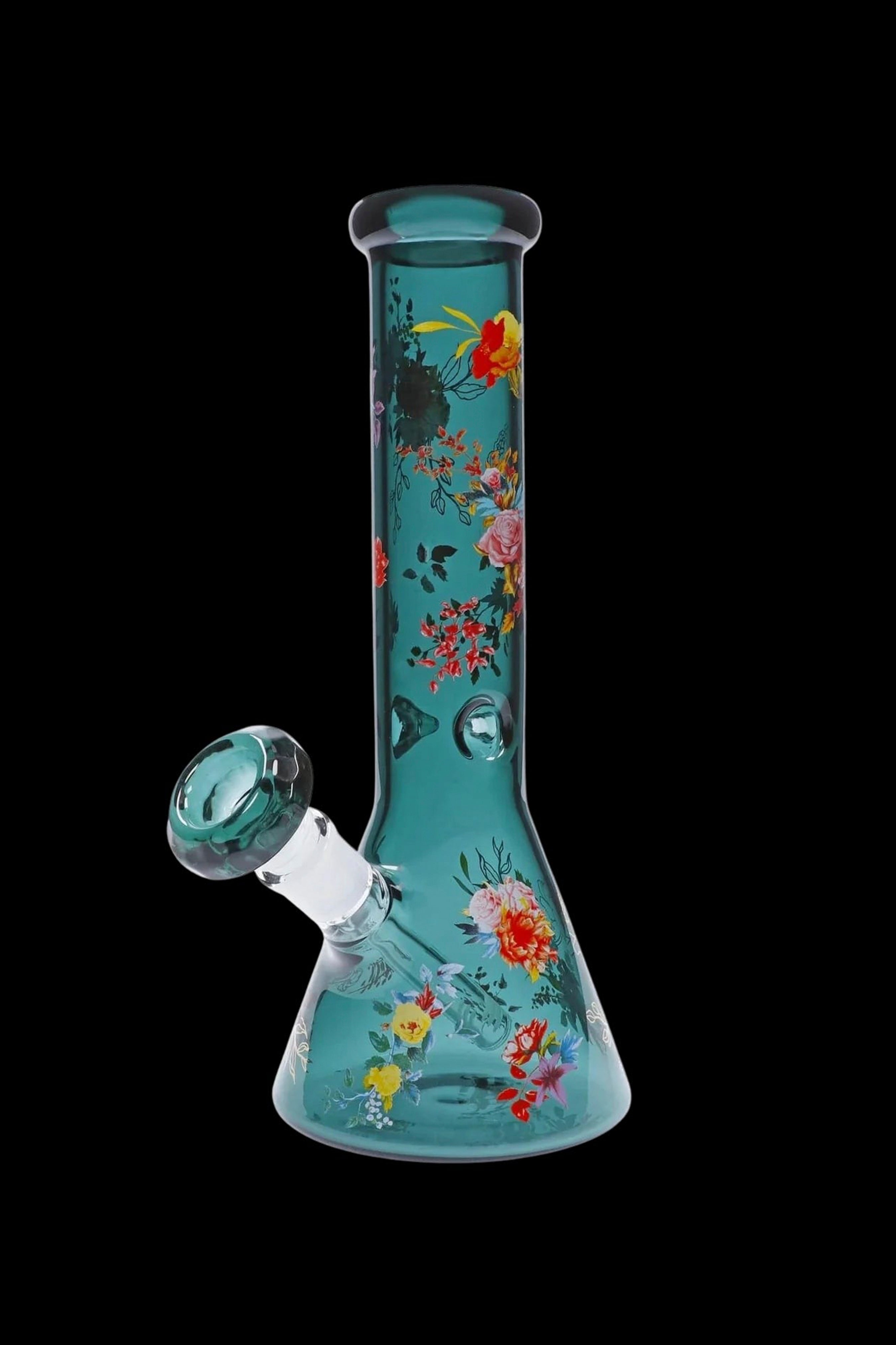 Stunning Floral Lush Beaker Water Pipe in Mesmerizing Teal