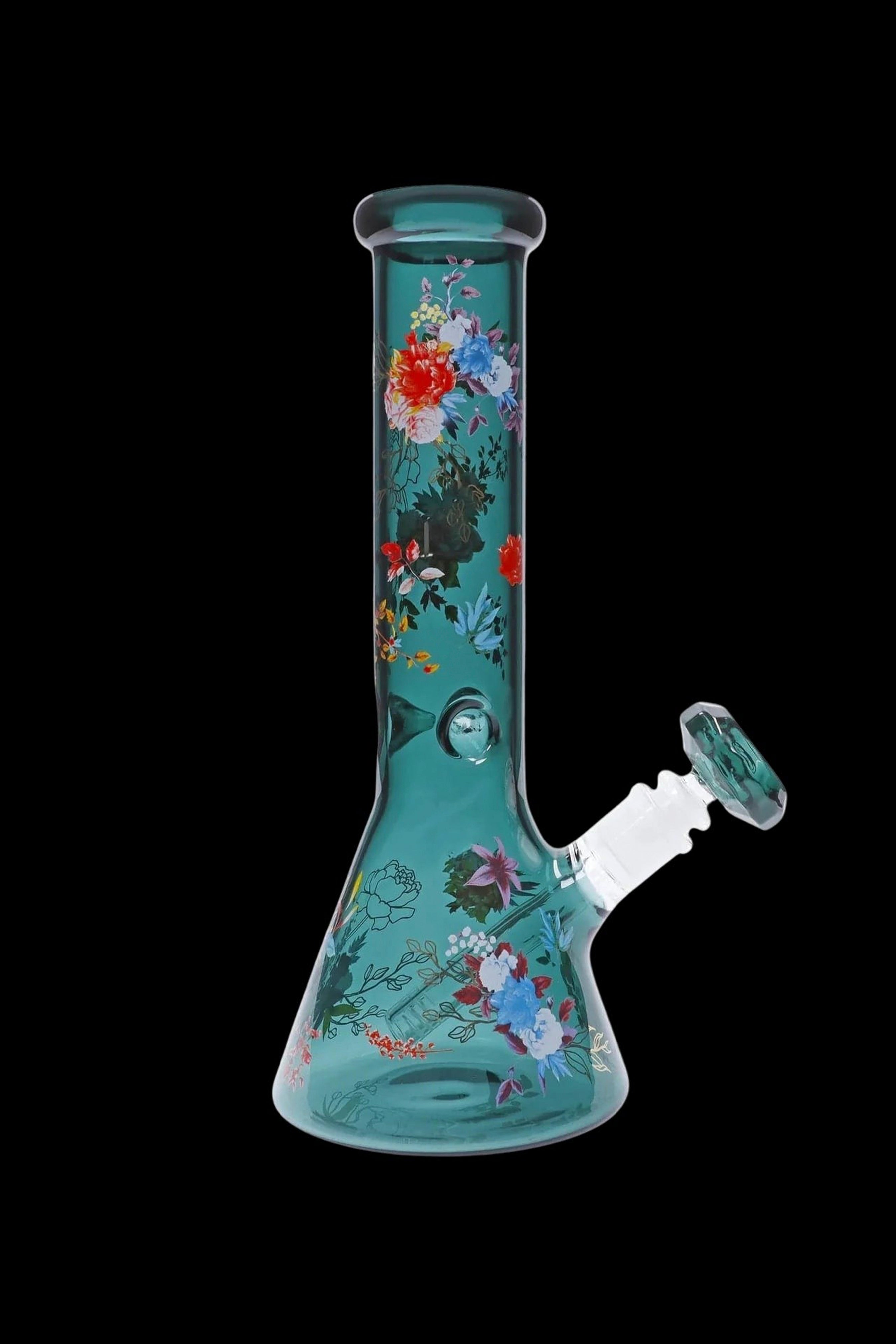 Stunning Floral Lush Beaker Water Pipe in Mesmerizing Teal