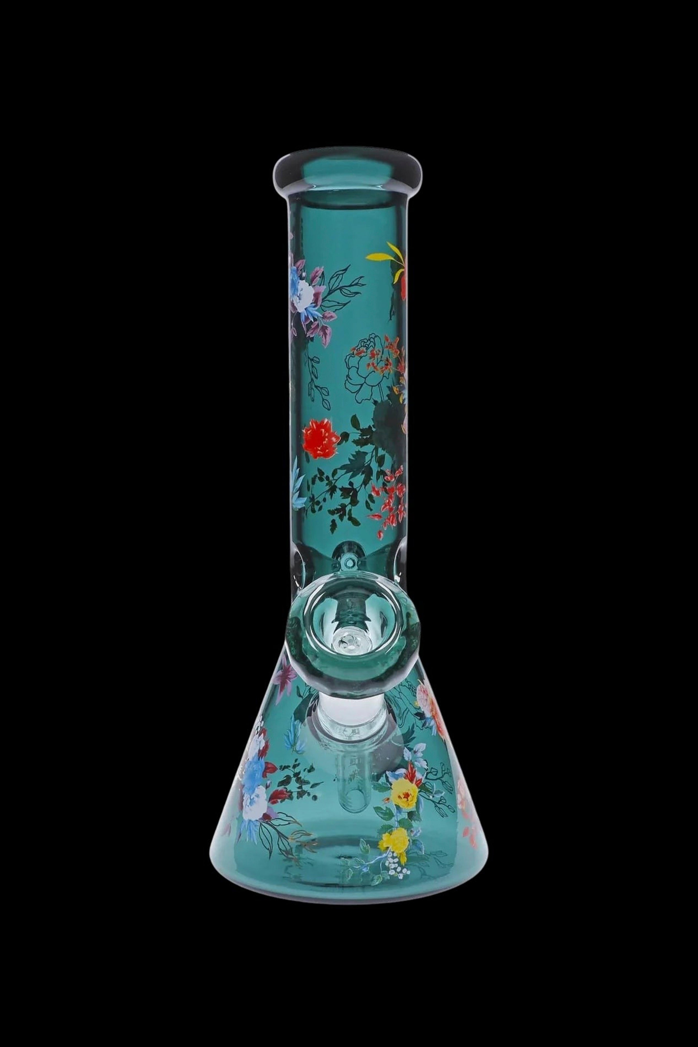 Stunning Floral Lush Beaker Water Pipe in Mesmerizing Teal