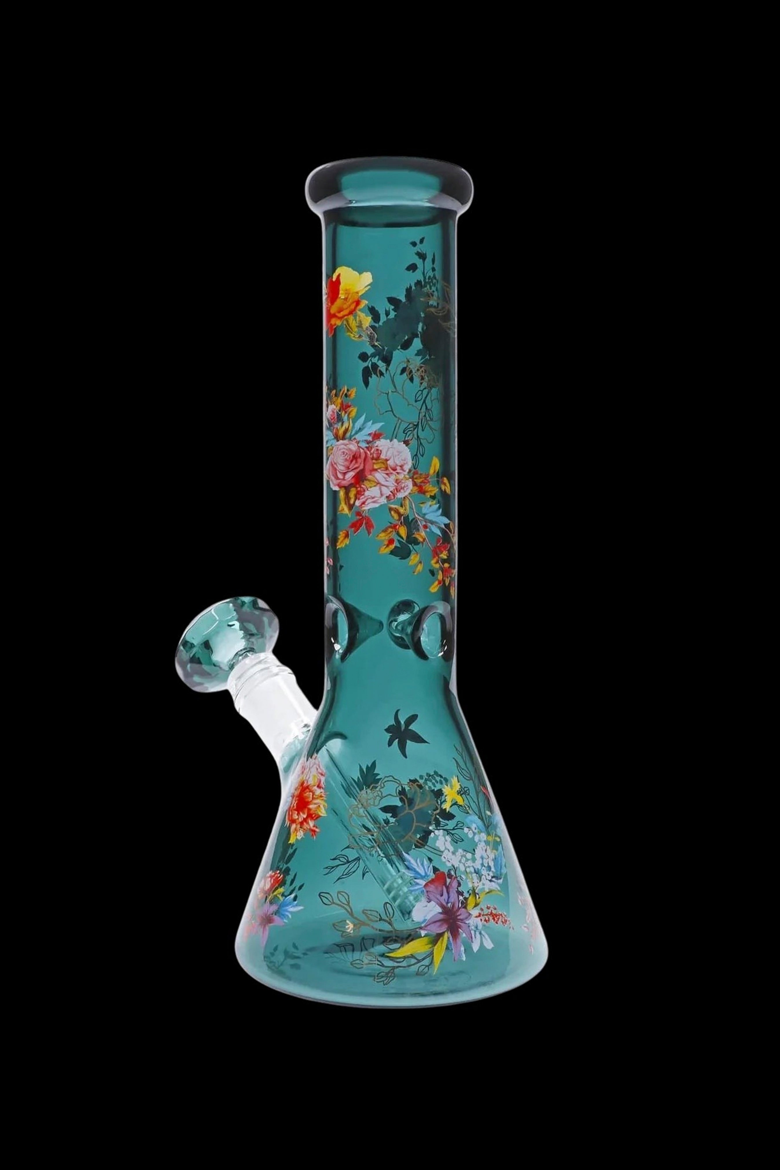 Stunning Floral Lush Beaker Water Pipe in Mesmerizing Teal