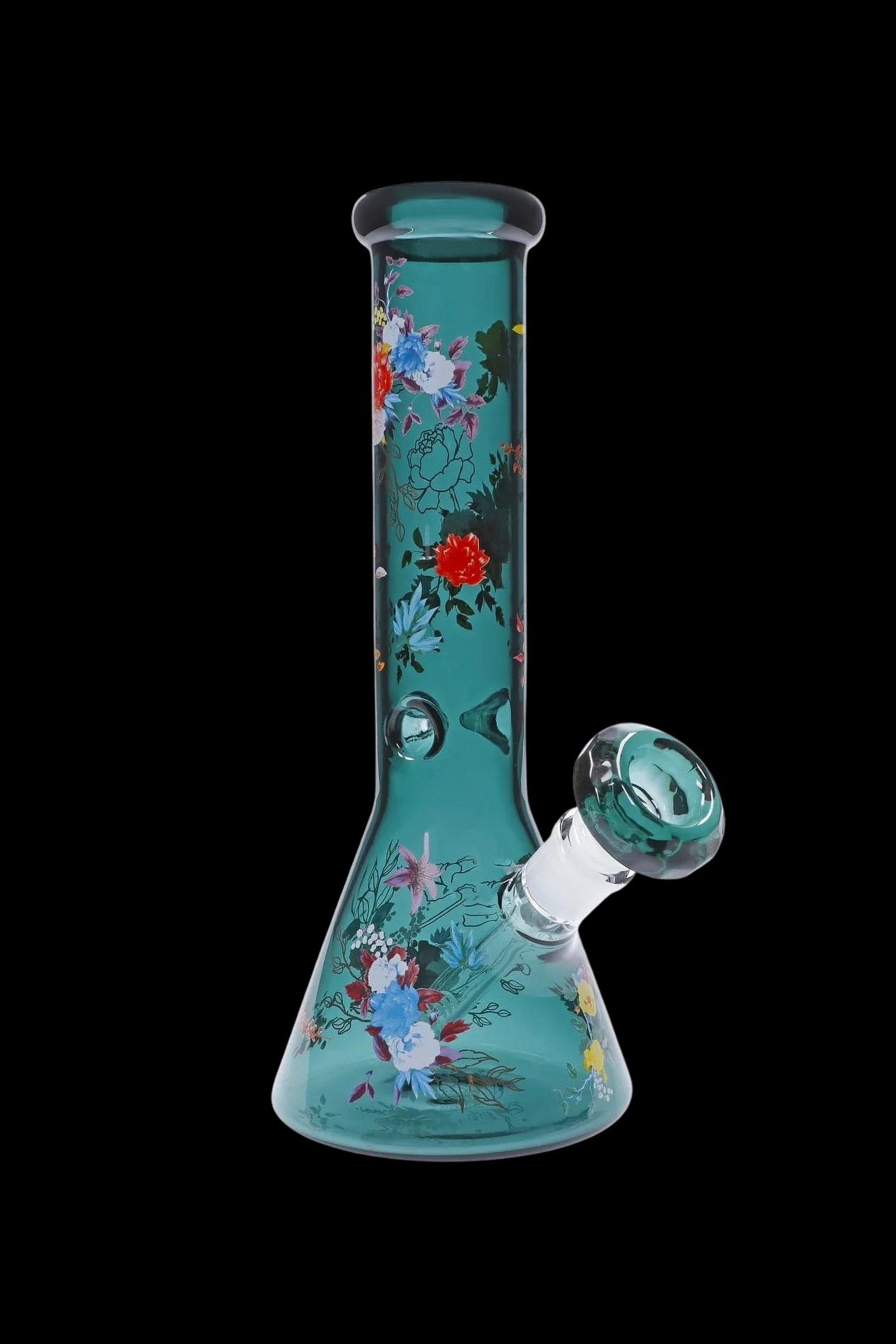Stunning Floral Lush Beaker Water Pipe in Mesmerizing Teal