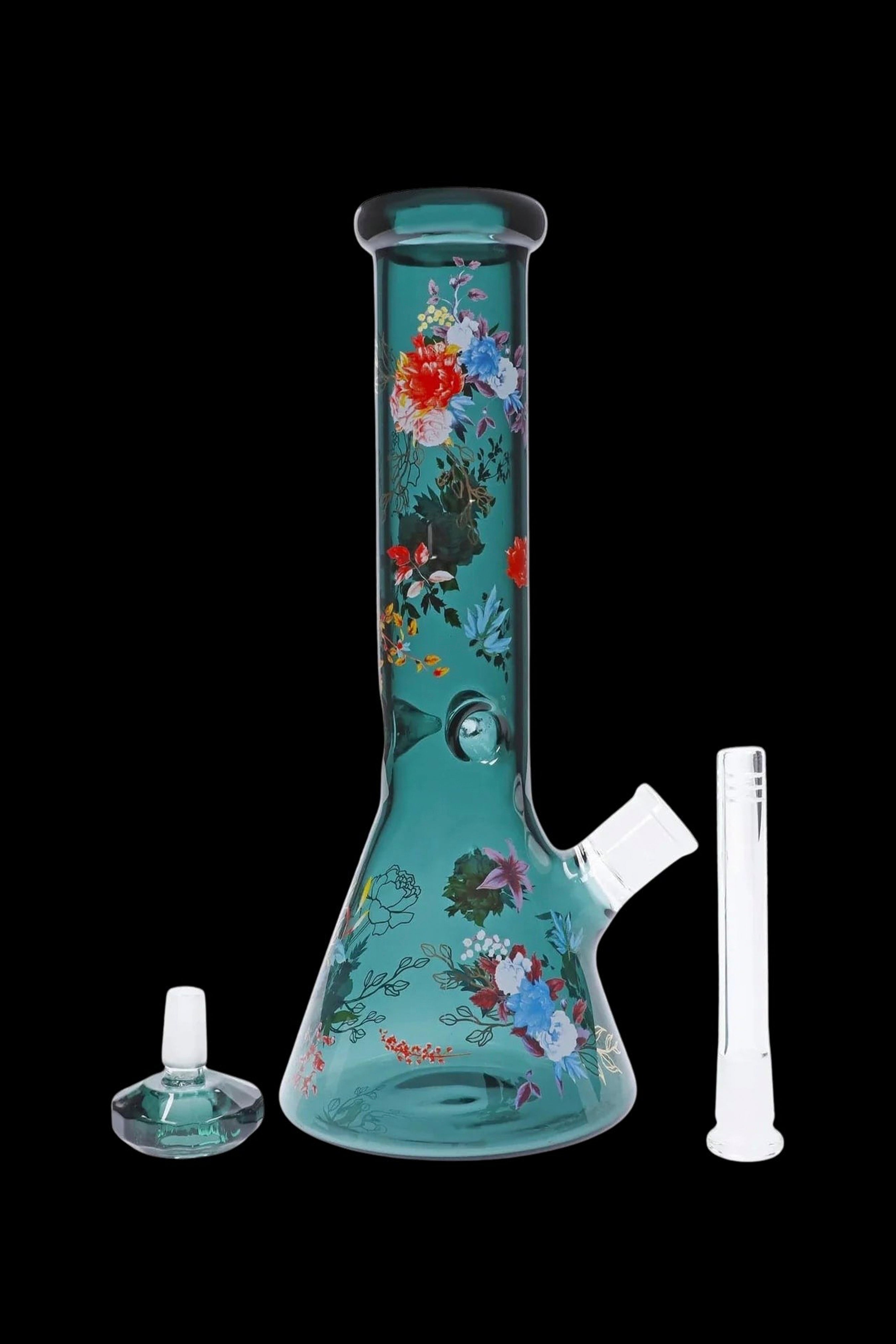 Stunning Floral Lush Beaker Water Pipe in Mesmerizing Teal
