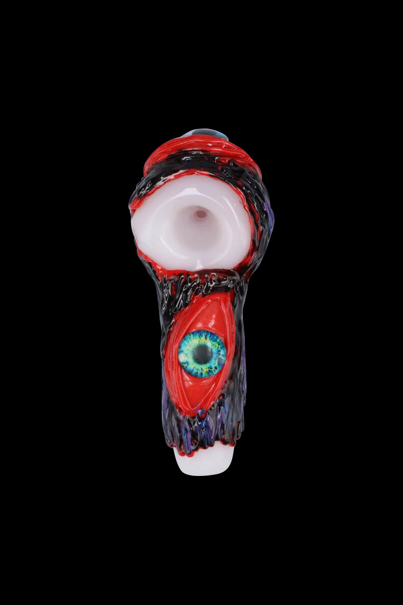 Creepy Black Glass Spoon Pipe with Fiery Red Eyes and White Bowl